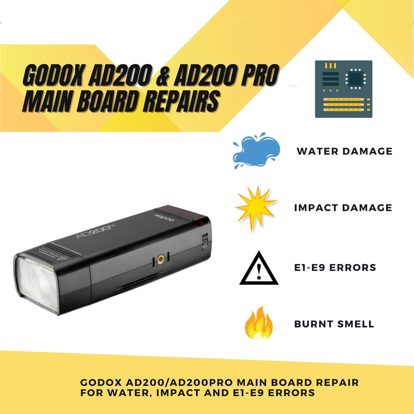 Repair Godox AD200 / AD200PR0 - Drop / Water Damage Or E1-E9 Errors –  Cheetah Stand